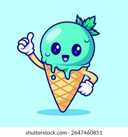 Cute Ice Cream Cone Mint Cartoon Vector Icon Illustration. 
Sweet Food Icon Concept Isolated Premium Vector. Flat 
Cartoon Style 