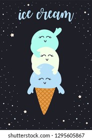 Cute ice cream in cone on a night sky with stars. Flat vector illustration.