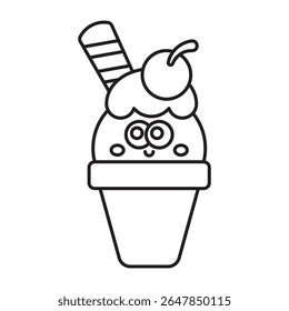 Cute ice cream cone outline with cherry and wafer isolated on white background.