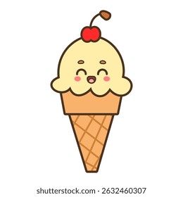Cute ice cream cone with a red cherry vector illustration isolated on white background 