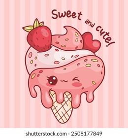 Cute ice cream cone with strawberries and melted drops. Card with sweet kawaii cartoon character and funny slogan. Vector illustration 