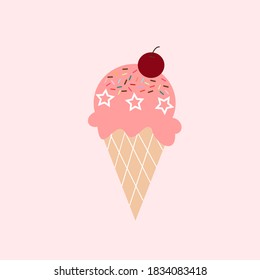 Cute ice cream cone strawberry with cherries on pink background.