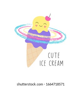 Cute ice cream cone. Sweet character is smiling. Print for t-shirts, cards. Vector illustration isolated on a white background.