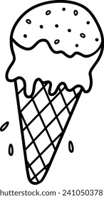A cute ice cream cone. Sweet food. Vector illustration, hand-drawn in the style of doodles. Perfect for various designs, postcards, decorations, logos, menus.