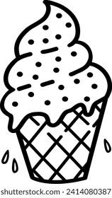 Un lindo cono de helado. Buena comida. Ilustración vectorial, dibujada a mano en el estilo de los garabatos. Perfecto para varios diseños, postales, decoraciones, logotipos, menús.