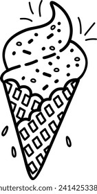 A cute ice cream cone. Sweet food. Vector illustration, hand-drawn in the style of doodles. Perfect for various designs, postcards, decorations, logos, menus.