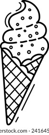 A cute ice cream cone. Sweet food. Vector illustration, hand-drawn in the style of doodles. Perfect for various designs, postcards, decorations, logos, menus.