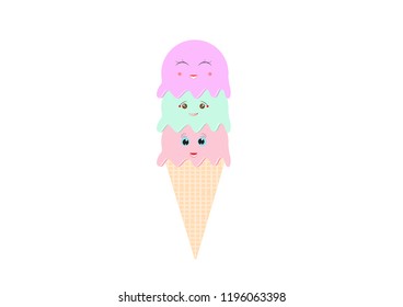 Cute ice cream cone with three colors and three smiling face. Cartoon vector illustration.