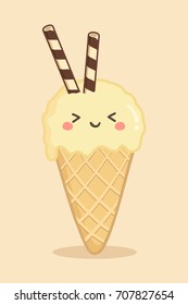 Cute Ice Cream Cone Vanilla Twist Wafer Vector Illustration Cartoon Character