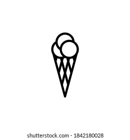 A cute ice cream cone vector icon. Outlined ice cream balls in a waffle cone isolated on white background. Minimalist line art.
