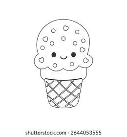 Cute ice cream cone vector for coloring, featuring a happy face and fun decorations, great for kids' art and creative worksheets.