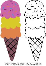 Ilustración vectorial linda del cono del helado con las cucharadas coloridas y la versión del contorno aislada en el fondo blanco. Postre de dibujos animados con cono de gofre, perfecto para el diseño de alimentos de verano, ilustración para niños, logotipo, icono, pegatina, menú, embalaje y concepto de dulce dulce.
