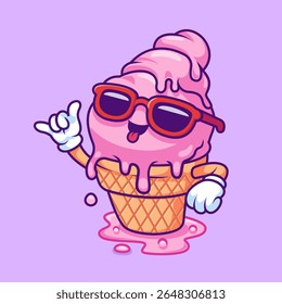 Cute Ice Cream Cone Wearing Glasses Cartoon Vector Icon Illustration. Sweet Food Icon Concept Isolated Premium Vector. Flat Cartoon Style