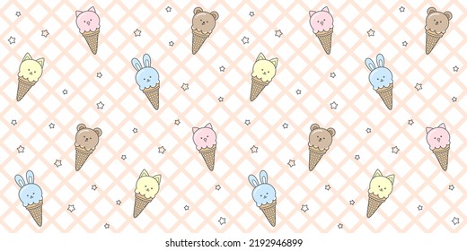 Cute ice cream cones with adorable animals on a pink checkered background with small stars. Endless texture with kawaii dessert characters. Vector seamless pattern for cover, surface texture and print