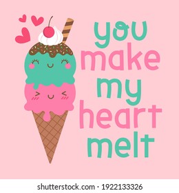 Cute ice cream cones couple illustration with text “You make my heart melt” for valentine’s day card design.