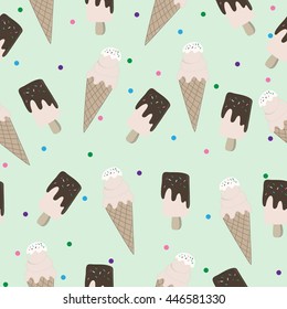 cute ice cream cones and ice cream on a stick with chocolate topping on a light mint back ground with colorful dots, seamless pattern