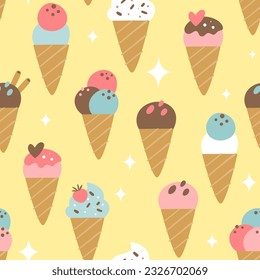 Cute ice cream cones seamless pattern with different toppings and sweet decorations isolated on pink background. Square repeat pattern design. Vector illustration.