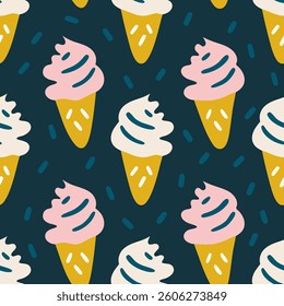 Cute Ice Cream Cones with Sprinkles in Pastel Colors. Seamless pattern background ideal for wrapping paper, fabric, textile etc.
