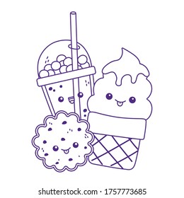 cute ice cream cookie and frappe kawaii cartoon character vector illustration