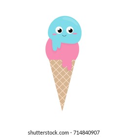 Cute ice cream in cornet, vector illustration drawing. Two scoops of ice cream with kawaii face, isolated on white background. Graphic print.