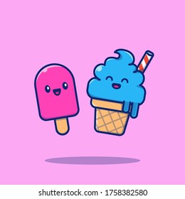 Cute Ice Cream Couple Cartoon Vector Icon Illustration. Food Icon Concept Isolated Premium Vector. Flat Cartoon Style