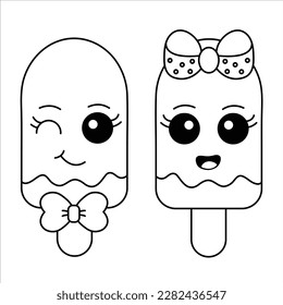 Cute Ice Cream Couple Coloring Page. Kawaii Ice Cream With Smiling Face Illustration. Cartoon Popsicle.