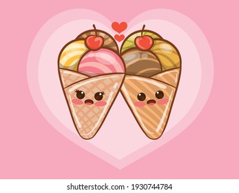 Cute ice cream couple concept. cartoon character and illustration.