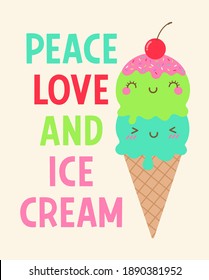 Cute ice cream couple illustration with text “PEACE LOVE AND ICE CREAM” for valentine’s day card design.