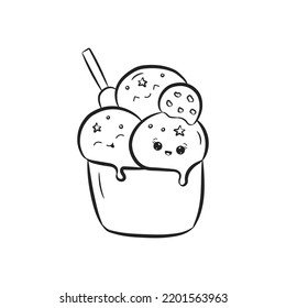 Cute ice cream in a cup isolated on white background. Ice cream with happy kawaii face in doodle style. Coloring book. Vector Illustration