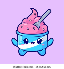 Cute Ice Cream Cup With Spoon Cartoon Vector Icon 
Illustration. Sweet Food Icon Concept Isolated Premium 
Vector. Flat Cartoon Style