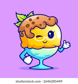 Cute Ice Cream Cup Waving Hand Cartoon Vector Icon 
Illustration. Sweet Food Icon Concept Isolated Premium 
Vector. Flat Cartoon Style 