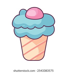 Cute Ice Cream Cupcake Vector with Pink Candy Topper - Cartoon Style