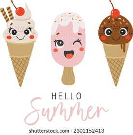 Cute ice cream dessert vector, Ice cream with face, Happy dessert vector, Hello Summer banner, Kids funny illustration