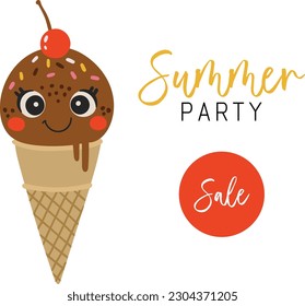 Cute ice cream dessert vector, Ice cream with face, Happy dessert vector, Hello Summer banner, Kids funny illustration