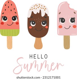 Cute ice cream dessert vector, Ice cream with face, Happy dessert vector, Hello Summer banner, Kids funny illustration