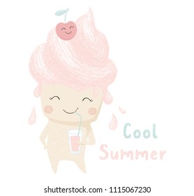 Cute ice cream drink juice print. Cool summer slogan. Sweet fruit ice and funny cherry. Fashion child vector. Cool illustration for t-shirt, kids apparel, invitation design. Cartoon character