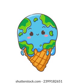 Cute ice cream earth melted cartoon. Global warming and climate change concept design. Isolated white background. Globe flat vector illustration.