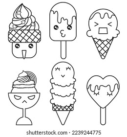 Cute ice cream with emotion face outline for coloring book or anything.