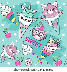 Cute ice cream with eyes and a pink cat in kawaii style seamless pattern on a blue background