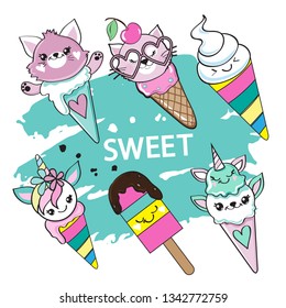 Cute ice cream with eyes and a pink cat in kawaii style collection