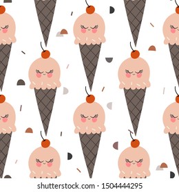 Cute ice cream with face vector pattern background. Sweet and yummy dessert. Design for fabric, wrapping, textile, wallpaper, apparel.
