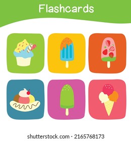 Cute ice cream flashcards. Colorful printable flashcards. Vector illustration.