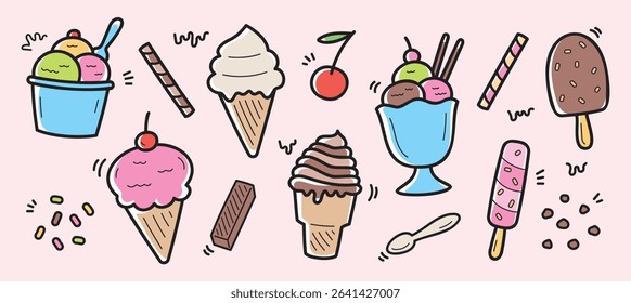 cute ice cream hand drawn graphic element vector set
