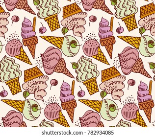 Cute ice cream hand drawn vector illustration. Seamless pattern with different ice cream for surface design, fabric, wrapping paper. sweet vector greeting card. beautiful summer poster with ice cream.