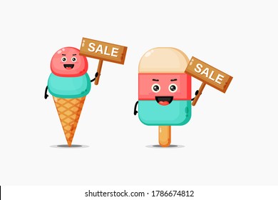 Cute ice cream is happy with the sales sign