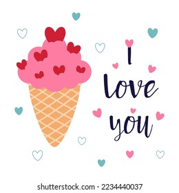 cute ice cream with hearts and lettering I love you, valentines day greeting card, scandinavian style