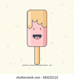 Cute Ice cream icon with smiley face. Premium funny cartoon style vector illustration.