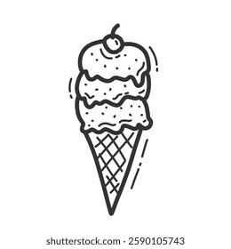 cute ice cream illustration isolated on white. ice cream cone icon. ice cream with outline style. hand drawn ice cream doodle for coloring book.