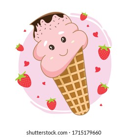 Cute ice cream illustration with kawaii strawberry. Child illustration