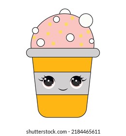 Helado fino aislado de fondo blanco. Estilo Kawaii con cara graciosa. Caricatura dulce. Ilustración vectorial.